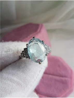 Swarovski Elements 925 Sterling Silver Aquamarine Blue Vintage Look Ring NEW